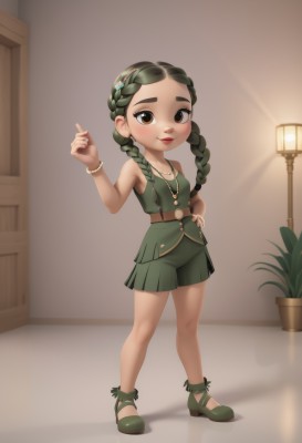 1girl,solo,long hair,breasts,looking at viewer,blush,smile,skirt,hair ornament,dress,bare shoulders,twintails,brown eyes,jewelry,closed mouth,standing,full body,braid,small breasts,green hair,shoes,shorts,sleeveless,belt,indoors,hand up,necklace,twin braids,flat chest,bracelet,hand on hip,makeup,thick eyebrows,plant,green skirt,child,green shirt,female child,lamp,green shorts,black hair