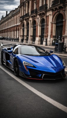 outdoors,sky,day,cloud,no humans,cloudy sky,ground vehicle,building,scenery,motor vehicle,city,car,road,vehicle focus,lamppost,street,wheel,sports car,real world location