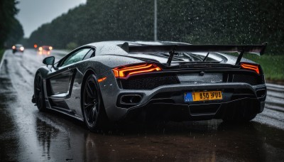 outdoors,blurry,tree,no humans,depth of field,blurry background,ground vehicle,motor vehicle,rain,car,road,vehicle focus,wheel,sports car,solo,sky,artist name,from side,night,snow,realistic,logo,lights