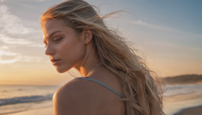 1girl, solo, long hair, looking at viewer, blonde hair, jewelry, closed mouth, upper body, outdoors, sky, looking back, necklace, from behind, mole, blurry, lips, beach, freckles, realistic