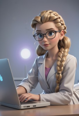 1girl,solo,long hair,smile,blue eyes,blonde hair,long sleeves,jewelry,closed mouth,upper body,braid,earrings,glasses,artist name,indoors,blurry,twin braids,lips,single braid,makeup,hair over shoulder,black-framed eyewear,bespectacled,realistic,nose,labcoat,purple shirt,computer,laptop,looking at viewer,shirt,watermark,thick eyebrows,casual,web address,backlighting