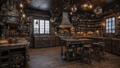 day,indoors,book,no humans,window,chair,table,sunlight,scenery,desk,wooden floor,clock,bookshelf,lamp,stool,shelf,gears,ceiling,light bulb,barrel,candlestand,ceiling light,chandelier,globe,steampunk,loaded interior,cloud,cup,fantasy,candle,cabinet,wooden chair