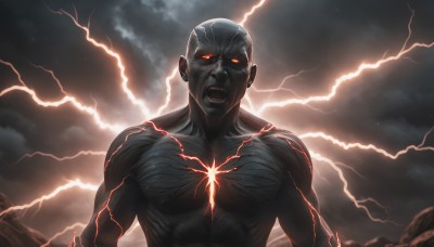 solo,looking at viewer,open mouth,red eyes,1boy,upper body,male focus,sky,teeth,cloud,orange eyes,muscular,glowing,colored skin,cloudy sky,pectorals,glowing eyes,veins,electricity,bald,grey skin,no pupils,lightning,alien,fangs,colored sclera,topless male