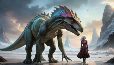 HQ,1girl,long hair,open mouth,dress,standing,tail,yellow eyes,white hair,boots,outdoors,sky,teeth,cloud,coat,bird,animal,red dress,cloudy sky,sharp teeth,scenery,claws,snow,monster,mountain,fantasy,dragon,solo,horns,day,medium hair,purple dress,scales,wide shot