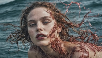 1girl,solo,long hair,looking at viewer,blue eyes,brown hair,nude,outdoors,parted lips,teeth,water,lips,blood,floating hair,ocean,messy hair,portrait,injury,realistic,guro,upper body,sky,cloud,blurry,cloudy sky,blood on face,lightning,grey sky