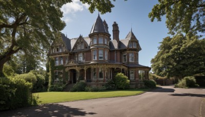 outdoors,sky,day,cloud,tree,blue sky,no humans,window,shadow,grass,building,nature,scenery,forest,road,bush,shade,house,castle,path,cloudy sky,architecture,church,arch