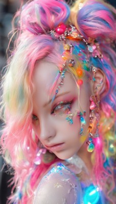 1girl,solo,long hair,looking at viewer,bangs,blonde hair,hair ornament,jewelry,closed mouth,closed eyes,upper body,pink hair,multicolored hair,earrings,artist name,necklace,blurry,lips,eyelashes,makeup,depth of field,blurry background,half-closed eyes,gem,portrait,close-up,eyeshadow,beads,pink lips,multicolored eyes,realistic,nose,eyeliner,colorful,mascara,pearl (gemstone),rainbow hair,feathers,hair beads