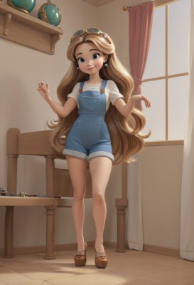 1girl,solo,long hair,looking at viewer,blush,smile,blue eyes,blonde hair,brown hair,shirt,jewelry,very long hair,closed mouth,standing,full body,white shirt,short sleeves,earrings,shoes,shorts,day,artist name,indoors,lips,hands up,bare legs,window,wavy hair,brown footwear,table,denim,curtains,goggles,t-shirt,goggles on head,wooden floor,overalls,overall shorts,collarbone,chair,sunglasses,eyewear on head,tinted eyewear,yellow-framed eyewear