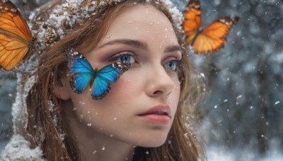 1girl, solo, long hair, blue eyes, blonde hair, parted lips, blurry, lips, bug, butterfly, portrait, snow, freckles, snowing, realistic, nose, winter, blue butterfly