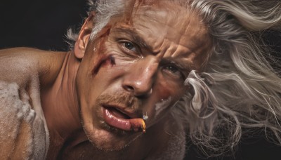 solo,long hair,looking at viewer,open mouth,simple background,1boy,brown eyes,white hair,male focus,parted lips,teeth,lips,blood,facial hair,scar,black background,portrait,beard,injury,blood on face,realistic,manly,old,lying,close-up