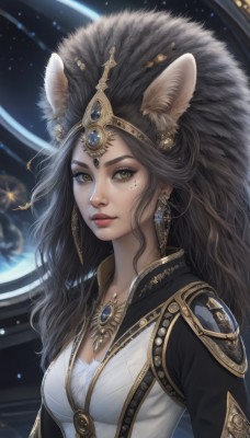 1girl,solo,long hair,breasts,looking at viewer,brown hair,shirt,black hair,animal ears,cleavage,brown eyes,jewelry,medium breasts,closed mouth,yellow eyes,white shirt,upper body,earrings,necklace,mole,lips,animal ear fluff,mole under eye,makeup,wavy hair,lipstick,gem,star (sky),freckles,nose,red lips,space,planet,hair ornament,artist name,wolf ears,realistic,headpiece