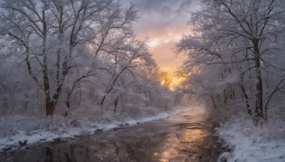 outdoors,sky,cloud,water,tree,no humans,sunlight,cloudy sky,nature,scenery,snow,forest,reflection,sunset,road,winter,bare tree,landscape,mountain,sun,sunrise