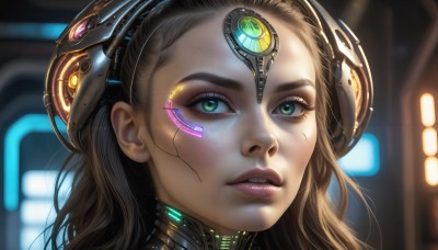 HQ,1girl,solo,long hair,looking at viewer,brown hair,green eyes,parted lips,teeth,blurry,lips,eyelashes,depth of field,blurry background,headgear,portrait,close-up,forehead,freckles,science fiction,realistic,nose,android,cyborg,cyberpunk,blonde hair,makeup,glowing,facial mark