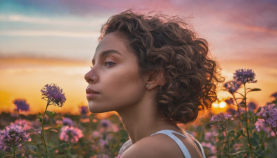 1girl, solo, short hair, brown hair, jewelry, flower, earrings, outdoors, sky, dark skin, blurry, from side, dark-skinned female, lips, depth of field, blurry background, curly hair, sunset, realistic, nose