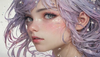 1girl,solo,long hair,looking at viewer,bangs,simple background,white background,green eyes,purple hair,grey hair,parted lips,teeth,star (symbol),lips,grey eyes,eyelashes,portrait,close-up,freckles,pink lips,realistic,nose,blush,grey background,makeup,floating hair