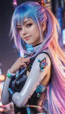 1girl,solo,long hair,breasts,looking at viewer,smile,bangs,hair ornament,jewelry,medium breasts,very long hair,blue hair,upper body,ponytail,pink hair,multicolored hair,earrings,blurry,black eyes,two-tone hair,lips,bodysuit,gradient hair,makeup,blurry background,realistic,nose,blue eyes,bare shoulders,closed mouth,detached sleeves,horns,artist name,bracelet,from side,eyelashes,tattoo,depth of field,hand on own chest,science fiction