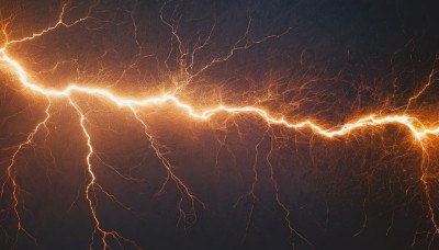 sky,cloud,no humans,scenery,electricity,lightning,orange theme,solo,monochrome,glowing,black background,dark,yellow theme