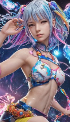 1girl,solo,breasts,looking at viewer,short hair,bangs,blonde hair,hair ornament,navel,bare shoulders,brown eyes,medium breasts,closed mouth,blue hair,swimsuit,pink hair,bikini,multicolored hair,small breasts,shorts,midriff,belt,armpits,nail polish,two-tone hair,two side up,lips,fingernails,short shorts,detached collar,bikini top only,blue nails,realistic,cleavage,twintails,parted lips,artist name,stomach,watermark,bug,star (sky),web address,space