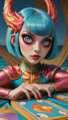 1girl,solo,looking at viewer,short hair,bangs,blue eyes,long sleeves,closed mouth,green eyes,blue hair,upper body,horns,blunt bangs,nail polish,blurry,aqua eyes,lips,fingernails,eyelashes,aqua hair,makeup,bob cut,lipstick,red nails,eyeshadow,card,nose,red lips,eyeliner,mascara,hair ornament,table,thick eyebrows,portrait,realistic,facepaint,red horns