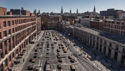 outdoors,sky,day,blue sky,no humans,window,ground vehicle,building,scenery,motor vehicle,stairs,city,railing,car,road,cityscape,bridge,street,real world location,lamppost,tower