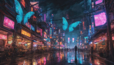 outdoors, sky, dutch angle, night, bug, building, butterfly, scenery, reflection, science fiction, rain, city, sign, road, cityscape, dark, street, blue butterfly, city lights, cyberpunk, neon lights