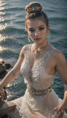 1girl,solo,breasts,looking at viewer,smile,brown hair,black hair,hair ornament,dress,cleavage,bare shoulders,brown eyes,jewelry,medium breasts,sitting,collarbone,earrings,outdoors,parted lips,sleeveless,dark skin,water,necklace,hair bun,white dress,blurry,dark-skinned female,lips,wet,bare arms,sleeveless dress,depth of field,blurry background,single hair bun,gem,wet clothes,forehead,realistic,wet dress,short hair,artist name,wading,hoop earrings,gold