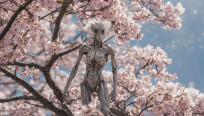 solo, standing, outdoors, sky, day, tree, no humans, cherry blossoms, alien