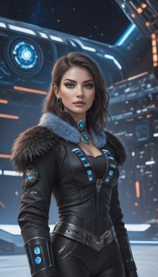 1girl,solo,long hair,breasts,looking at viewer,brown hair,gloves,cleavage,brown eyes,jewelry,medium breasts,standing,jacket,cowboy shot,earrings,black gloves,belt,pants,lips,black jacket,fur trim,bodysuit,makeup,night,black pants,lipstick,eyeshadow,zipper,science fiction,fur collar,hoop earrings,realistic,nose,eyeliner,leather,black hair,medium hair,mole