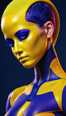 1girl,solo,looking at viewer,short hair,blue eyes,simple background,1boy,closed mouth,blue hair,upper body,purple hair,male focus,lips,bodysuit,makeup,colored skin,blue background,portrait,eyeshadow,realistic,nose,animification,superhero,yellow skin,brown eyes,shiny,eyelashes,expressionless,science fiction,alien,orange skin