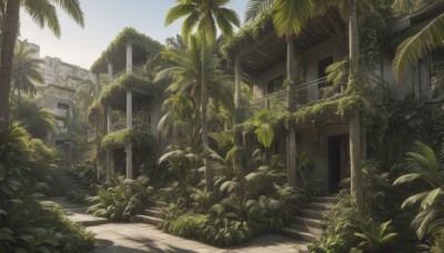 outdoors,sky,day,tree,no humans,window,sunlight,plant,building,scenery,stairs,palm tree,road,bush,ruins,blue sky,grass,overgrown