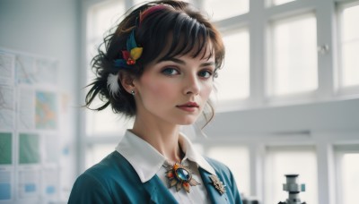 1girl,solo,looking at viewer,short hair,bangs,blue eyes,brown hair,shirt,black hair,hair ornament,jewelry,jacket,white shirt,upper body,hairband,earrings,parted lips,collared shirt,artist name,indoors,signature,blurry,lips,window,blurry background,blue jacket,brooch,gem,portrait,freckles,realistic,nose,butterfly hair ornament,stud earrings,depth of field,leaf hair ornament