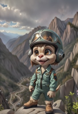 solo,smile,open mouth,brown hair,1boy,brown eyes,standing,jacket,tail,full body,male focus,boots,outdoors,sky,teeth,day,cloud,uniform,brown footwear,helmet,cloudy sky,goggles,furry,mountain,furry male,animal ears,flower,artist name,signature,blurry,watermark,web address,zipper,rock,realistic,goggles on headwear,pilot