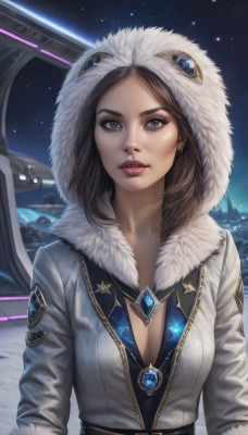 1girl,solo,breasts,looking at viewer,brown hair,cleavage,brown eyes,jewelry,medium breasts,jacket,upper body,earrings,parted lips,open clothes,sky,belt,hood,necklace,star (symbol),lips,coat,fur trim,eyelashes,makeup,night,gem,star (sky),night sky,pendant,hood up,starry sky,realistic,nose,winter clothes,space,fur-trimmed hood,parka,teeth,signature,parted bangs,lipstick,eyeshadow,aircraft,badge,mascara,spacecraft