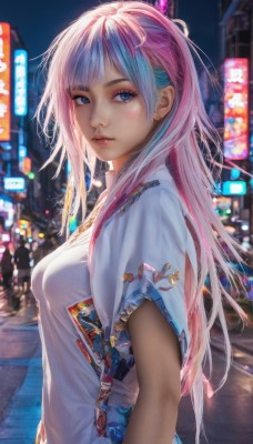 1girl,solo,long hair,breasts,looking at viewer,bangs,blue eyes,shirt,jewelry,medium breasts,blue hair,white shirt,upper body,pink hair,short sleeves,multicolored hair,earrings,outdoors,parted lips,blurry,from side,two-tone hair,lips,streaked hair,night,blurry background,city,realistic,closed mouth,solo focus,artist name,necklace,looking to the side,eyelashes,makeup,depth of field,watermark,piercing,ear piercing,nose,stud earrings,road,street,crosswalk