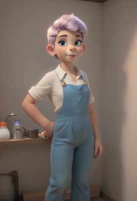 1girl,solo,looking at viewer,smile,short hair,blue eyes,shirt,jewelry,standing,white shirt,purple hair,short sleeves,earrings,collared shirt,indoors,dark skin,dark-skinned female,cup,lips,hand on hip,feet out of frame,denim,sleeves rolled up,freckles,overalls,very short hair,milk,blush,pink hair,makeup,thick eyebrows