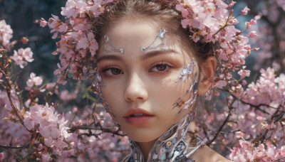 1girl, solo, looking at viewer, short hair, brown hair, hair ornament, brown eyes, flower, parted lips, teeth, blurry, lips, eyelashes, depth of field, blurry background, cherry blossoms, portrait, realistic, nose, branch