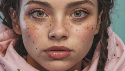 1girl,solo,long hair,looking at viewer,simple background,brown hair,black hair,brown eyes,closed mouth,braid,lips,eyelashes,portrait,close-up,freckles,realistic,nose,bangs,artist name,blurry,twin braids,blood,blue background,messy hair,blood on face,dirty,dirty face