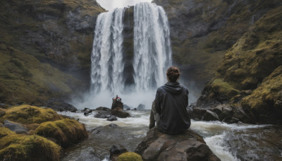 1boy, sitting, male focus, outdoors, water, from behind, scenery, rock, waterfall