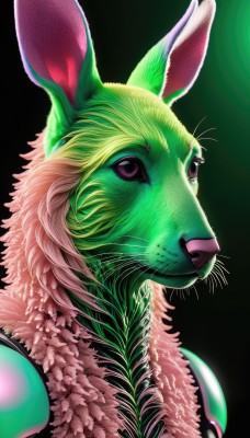 solo,looking at viewer,simple background,animal ears,closed mouth,upper body,black eyes,no humans,black background,portrait,furry,green background,realistic,furry female,animal focus,whiskers,alien,purple eyes,rabbit ears,vest,colored skin,animal,rabbit,green skin,pink skin