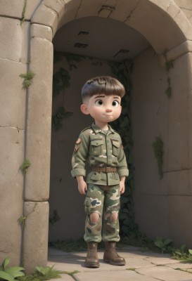 solo,looking at viewer,short hair,brown hair,black hair,long sleeves,1boy,brown eyes,closed mouth,standing,jacket,full body,male focus,boots,outdoors,belt,pants,uniform,torn clothes,military,military uniform,brown footwear,plant,child,cross-laced footwear,pocket,male child,ruins,camouflage,dirty,soldier,combat boots,camouflage jacket,camouflage pants,smile,pillar