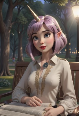 1girl,solo,breasts,blush,smile,short hair,bangs,blue eyes,skirt,shirt,hair ornament,long sleeves,jewelry,medium breasts,sitting,white shirt,upper body,pink hair,purple hair,small breasts,outdoors,parted lips,horns,teeth,solo focus,day,pointy ears,collared shirt,artist name,medium hair,blurry,covered nipples,tree,lips,book,makeup,blurry background,watermark,chair,table,grass,lipstick,blouse,nature,web address,single horn,forest,freckles,open book,red lips,reading,lamp,bench,bush,lamppost,park bench,park,looking at viewer,multiple girls,holding,2girls,cleavage,nail polish,fingernails,night,light purple hair