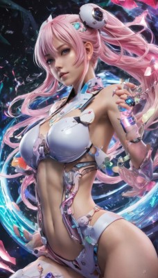 1girl,solo,long hair,breasts,looking at viewer,bangs,blue eyes,large breasts,hair ornament,thighhighs,gloves,navel,cleavage,bare shoulders,twintails,pink hair,parted lips,fingerless gloves,lips,headgear,science fiction,realistic,jewelry,medium breasts,cowboy shot,signature,stomach,leotard,ring,revealing clothes