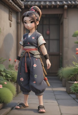 1girl,solo,long hair,breasts,looking at viewer,brown hair,hair ornament,brown eyes,closed mouth,standing,full body,ponytail,weapon,flower,short sleeves,small breasts,outdoors,japanese clothes,pants,sword,kimono,blurry,lips,sash,toes,shadow,floral print,sandals,scrunchie,aged down,plant,wristband,sheath,child,sheathed,potted plant,black kimono,architecture,east asian architecture,baggy pants,puffy pants,ninja