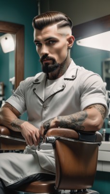 solo,looking at viewer,short hair,brown hair,shirt,black hair,1boy,brown eyes,jewelry,sitting,white shirt,short sleeves,male focus,multicolored hair,earrings,pants,indoors,blurry,black eyes,tattoo,buttons,blurry background,facial hair,chair,piercing,ring,ear piercing,beard,sleeves rolled up,realistic,mustache,stud earrings,arm tattoo,undercut,ceiling light,sitting backwards,closed mouth,jacket,lips,white jacket,nose,stool,on chair,mohawk