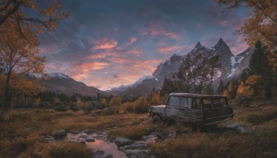 outdoors,sky,cloud,tree,no humans,cloudy sky,grass,ground vehicle,star (sky),nature,scenery,motor vehicle,forest,starry sky,sunset,rock,mountain,car,evening,landscape,mountainous horizon,blue sky,night,road,vehicle focus,twilight