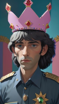 solo,looking at viewer,short hair,blue eyes,shirt,black hair,1boy,jewelry,closed mouth,upper body,male focus,collared shirt,necklace,uniform,lips,military,military uniform,blue background,thick eyebrows,crown,blue shirt,gem,portrait,epaulettes,badge,police,police uniform,throne,medal,bangs,expressionless,realistic