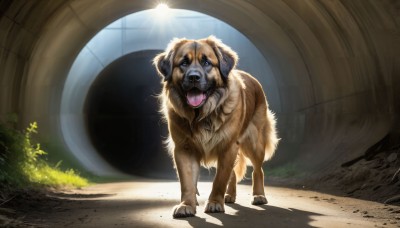 HQ,solo,open mouth,blue eyes,full body,outdoors,day,tongue,indoors,signature,tongue out,no humans,shadow,animal,fangs,sunlight,plant,dog,realistic,animal focus,looking at viewer,brown eyes,standing,grass,light,bush,arch