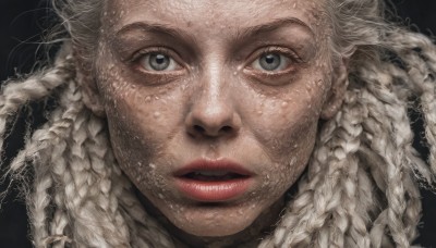 1girl,solo,long hair,looking at viewer,blue eyes,simple background,braid,white hair,parted lips,twin braids,lips,grey eyes,eyelashes,black background,portrait,close-up,realistic,red lips,straight-on,multiple braids,blonde hair,teeth,freckles