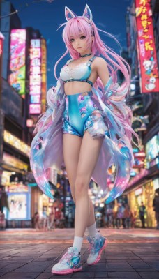 1girl,solo,long hair,breasts,looking at viewer,bangs,blue eyes,animal ears,bare shoulders,medium breasts,very long hair,closed mouth,underwear,standing,jacket,full body,pink hair,outdoors,open clothes,shoes,shorts,choker,socks,cat ears,pink eyes,off shoulder,bra,blurry,lips,see-through,legs,short shorts,night,depth of field,blurry background,fake animal ears,headphones,white socks,sneakers,blue shorts,long legs,animal ear headphones,high-waist shorts,smile,large breasts,cleavage,green eyes,thighs,covered navel,white bra,blue bra,cat ear headphones