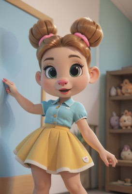 1girl,solo,looking at viewer,smile,short hair,open mouth,skirt,brown hair,shirt,green eyes,standing,short sleeves,collared shirt,indoors,hair bun,nail polish,blurry,arm up,loli,double bun,blurry background,stuffed toy,stuffed animal,blue shirt,child,teddy bear,female child,yellow skirt,hair ornament,teeth,lips,fingernails,scrunchie,aged down,pink scrunchie